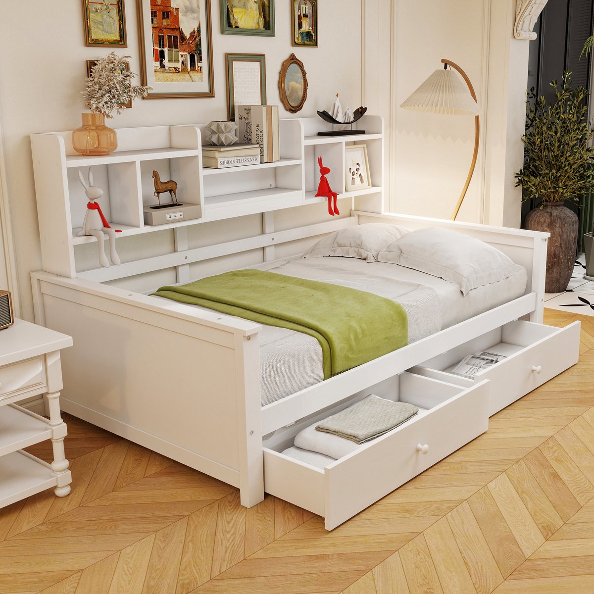 Slaapbank 90x200 cm - Met Opbergruimte - Met Lades - Wit