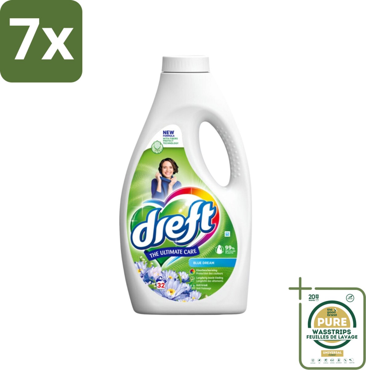 7 x Dreft Vloeibaar Wasmiddel Blue Dream 32 Wasbeurten 1,4 liter - Grootverpakking - Vloeibaar Wasmiddel - Gekleurde Was - Kleurbescherming - Frisse Was - Wasbeurt