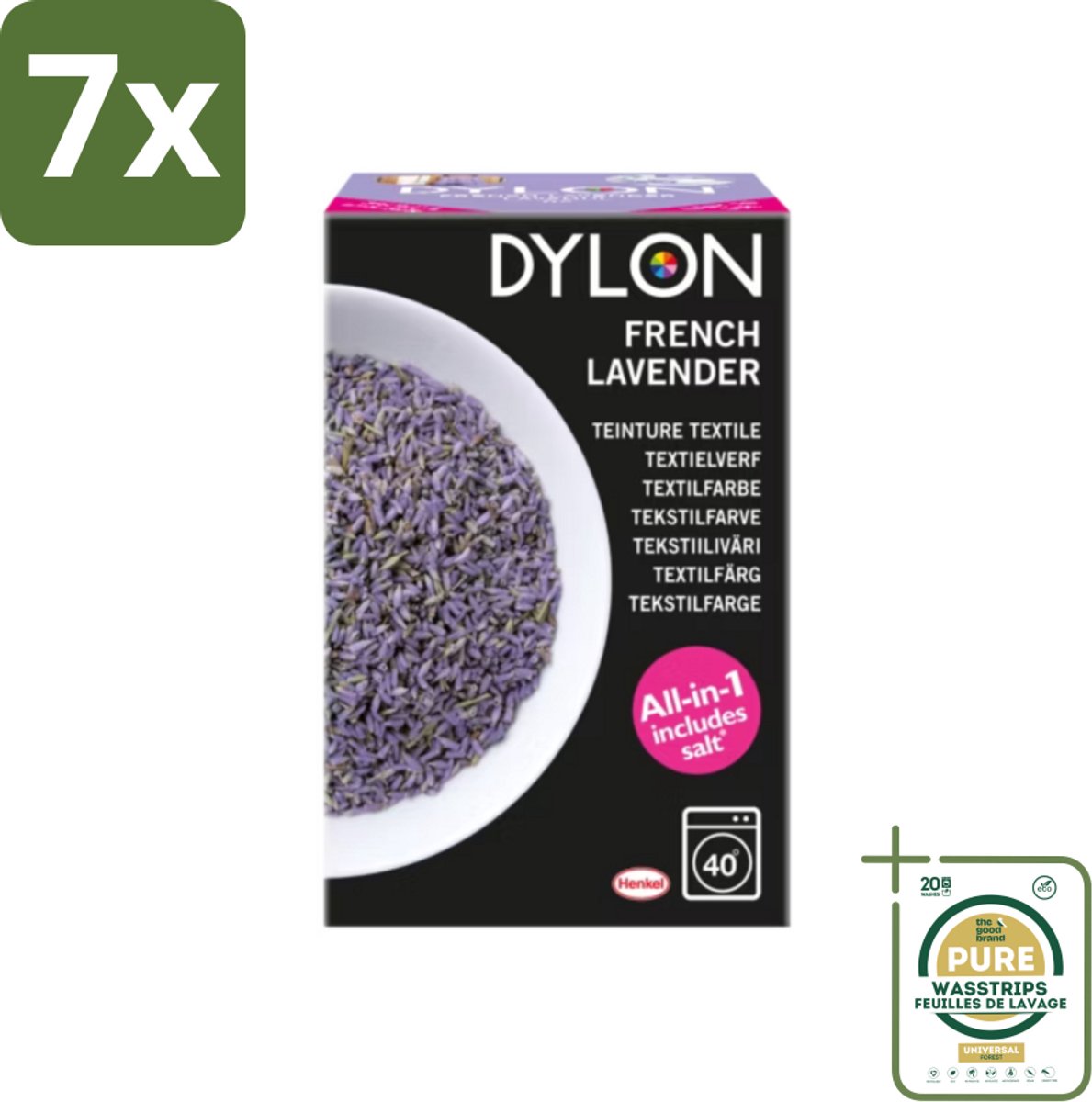 7 x Dylon - Textielverf - French Lavender - All-in-One - Inclusief Zout - 350g - Grootverpakking - Textielverf - Lavendelkleur - French Lavender - Zout - Stofverf