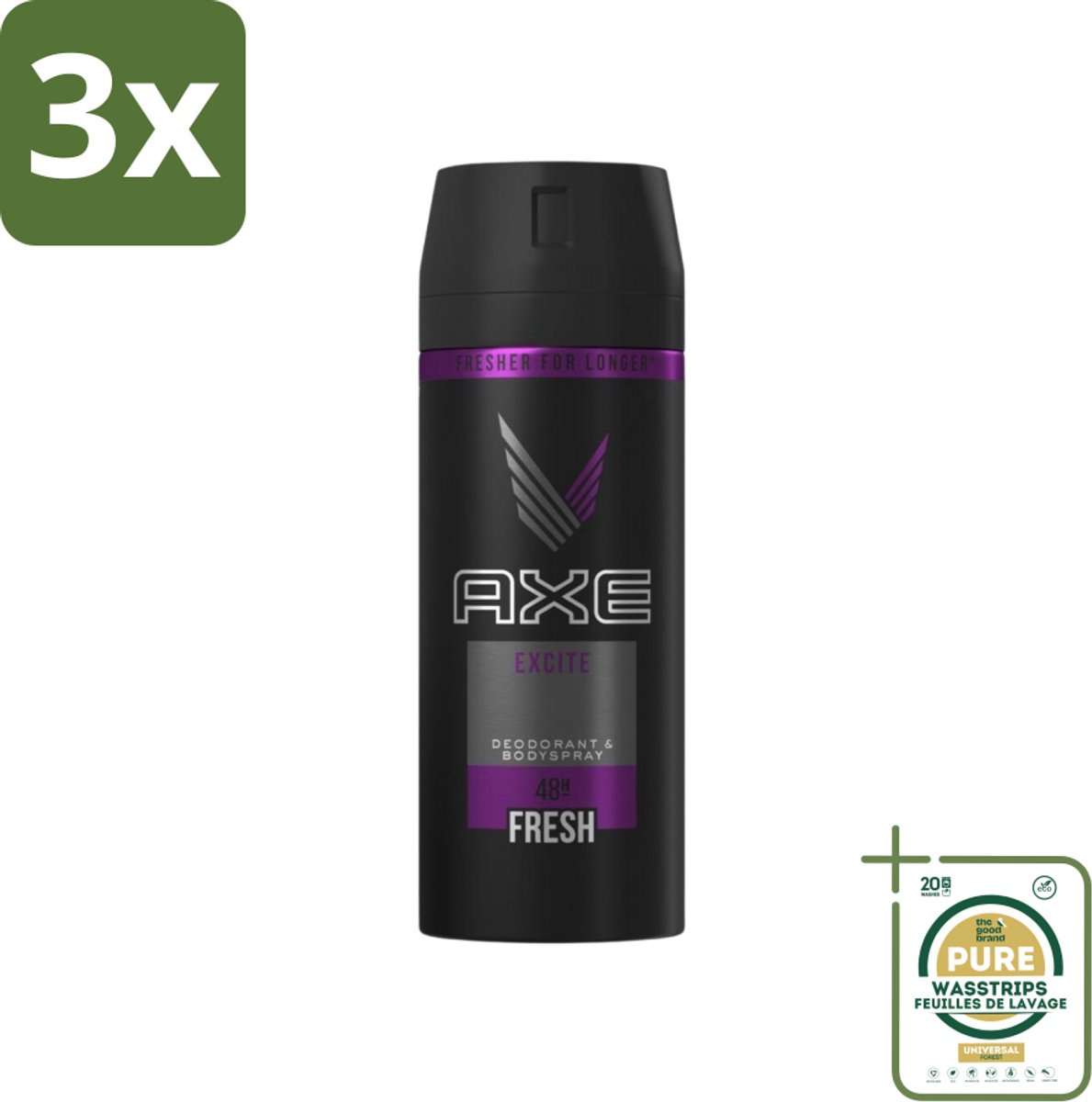 3 x Axe - Deodorant Bodyspray - 48hrs Fresh - Excite - 150 ml - Grootverpakking - 48 Uur Fris - Deodorant Spray - Kokosnoot Geur - Zwarte Peper Geur - Frisheid