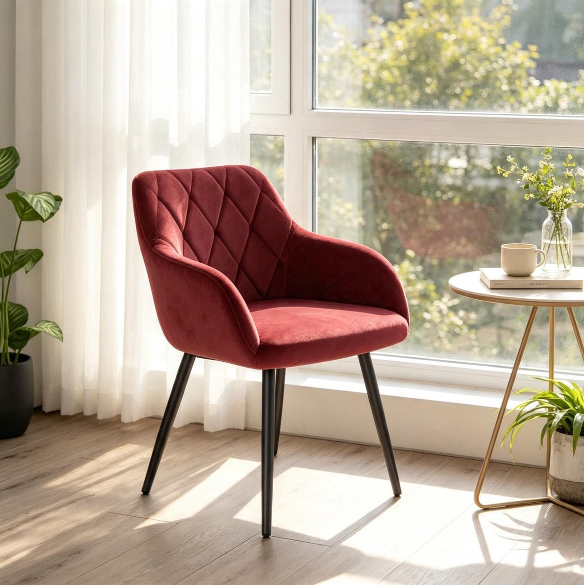 COVREO Eetkamerstoel 44,5x46,5x79 cm rood fluweel - met armleuningen - metalen onderstel Red
