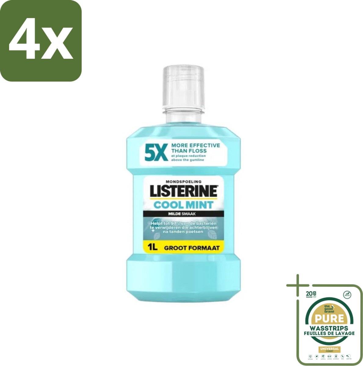 Listerine – Mondwater – Cool Mint – Milde smaak zonder alcohol – 1 liter - Voordeelverpakking - 4 stuks - Tandplak - Tandvleesgezondheid