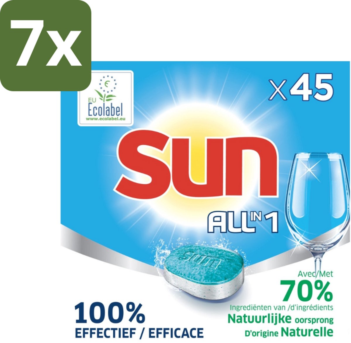 7 x Sun All-in One - Ecolabel - Vaatwastabletten - 45 Tabletten - Vaatwastabletten - Ecolabel - Vaatwasser - Milieuvriendelijk - Vaatwassen