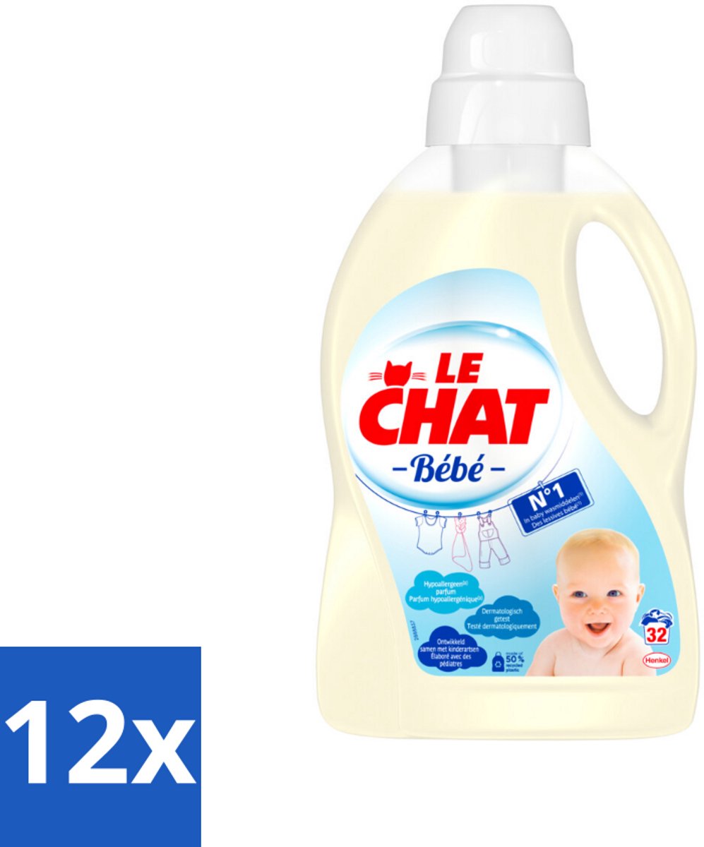12 x Le Chat Vloeibaar Wasmiddel Bébé 32 Wasbeurten 1440 ml - Babywasmiddel - Hypoallergeen - Babyvlekken - Wasmiddel Voor Baby's - Babywas