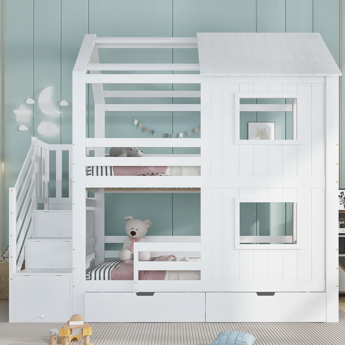 COVREO Stapelbed 253x95x218 cm wit, hout en MDF, met trapkast en lade