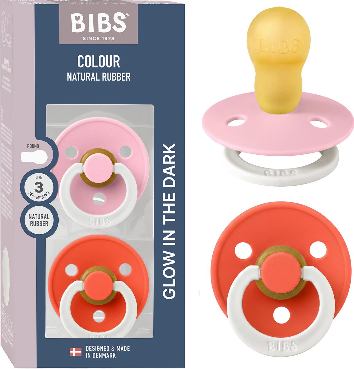 BIBS Colour Glow Fopspeen - 18-48 mnd - 2-pack - Rond - Baby Pink/Tango