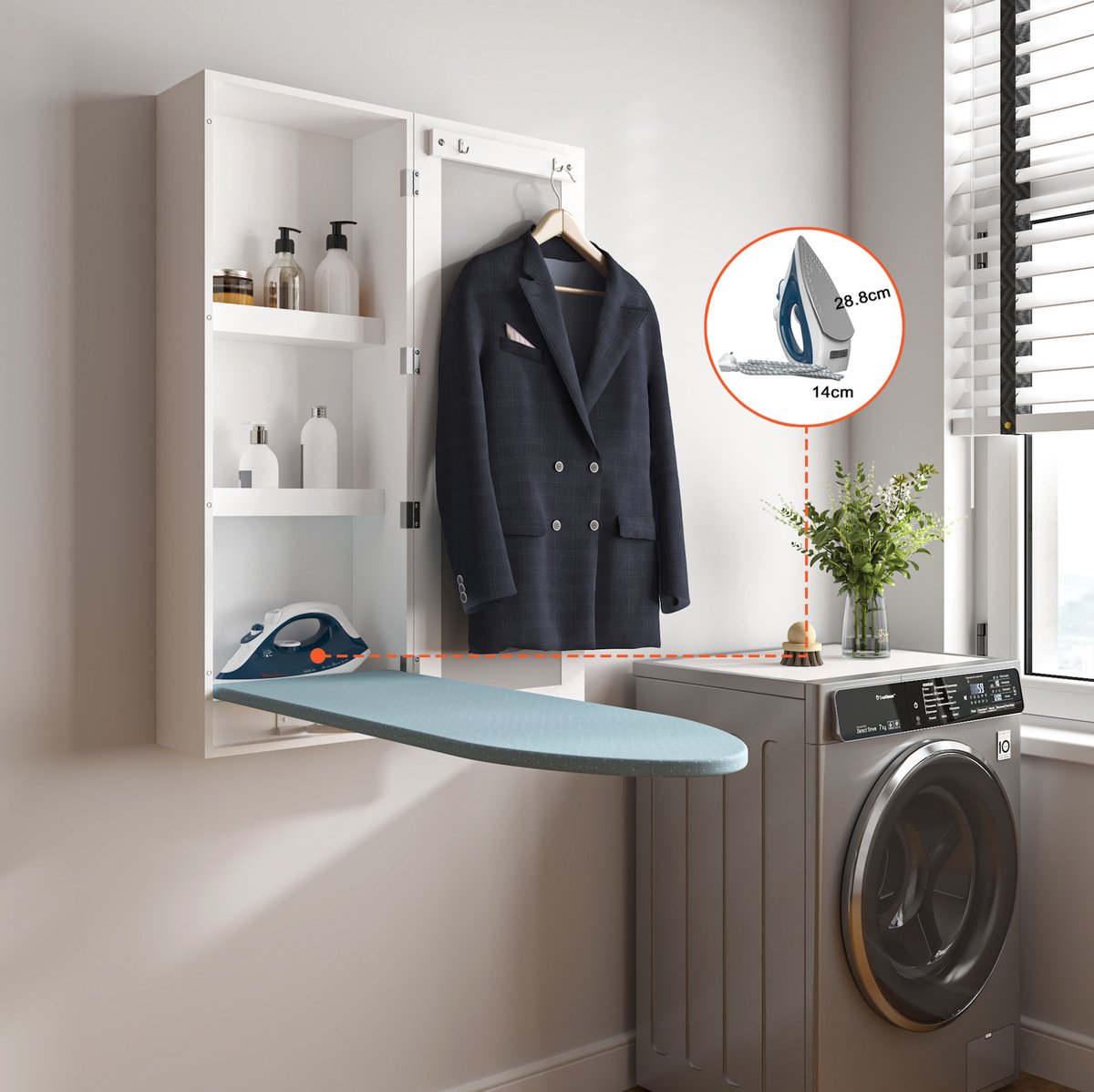 OKWISH Wandkast 34 x 17,5 x 95 cm - Ingebouwde Strijkplank Met Opbergruimte En Spiegeldeur - Voor Slaapkamer Wasruimte Of Kast - MDF - Wit