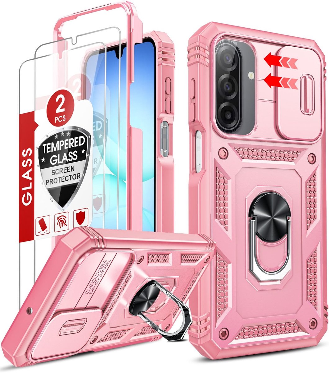 Elzusha - Militaire Telefooncases met Camera Slider en 2 Glas Screen Protectors - Roze