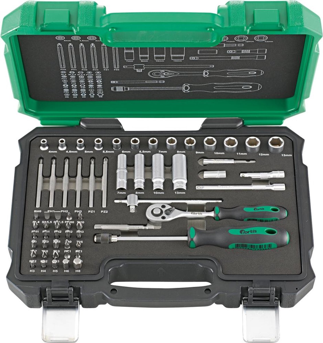 61-delige doppenset 1/4" met bitdoppen en ratel
