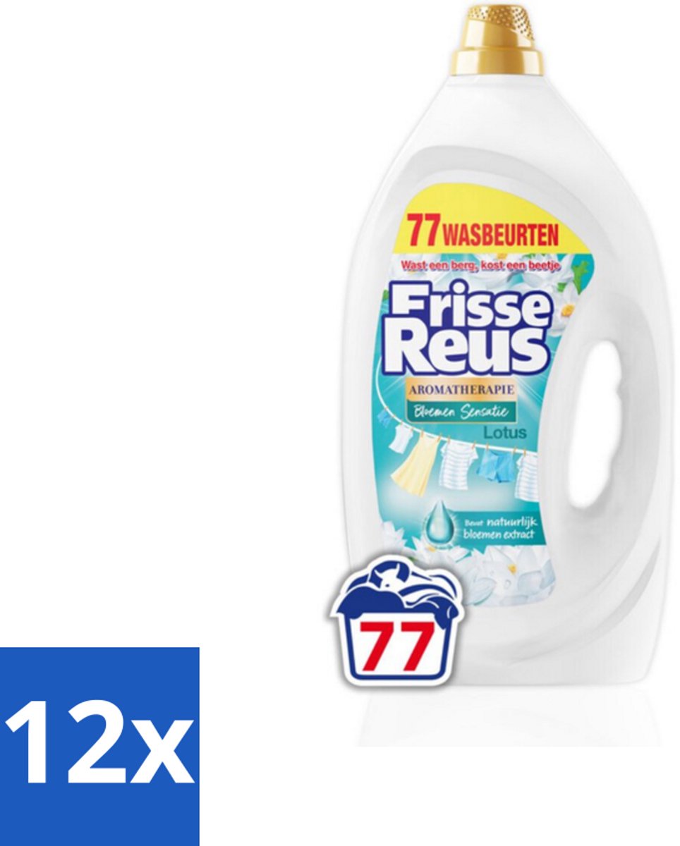 12 x Frisse Reus - Vloeibaar Wasmiddel - Lotus - Witte Was - 77 Wasbeurten - Wasmiddel - Witwas - Waskracht - Lotusgeur - Vloeibaar Wasmiddel