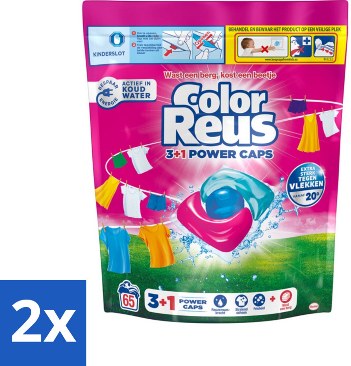 2 x Color Reus - 3+1 Power Caps - Gekleurde Was - 65 Wasbeurten - Wascapsules - Kleurwas - Wasmiddel - Kleurbescherming - Vlekkenverwijdering