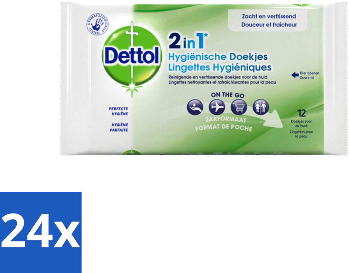 24 x Dettol - Reinigingsdoekjes - 2-in-1 Reiniging & Desinfectie - On the Go - 12 Doekjes - Hygiënische Doekjes - Reinigingsdoekjes - Desinfectiedoekjes - Antibacteriële Doekjes - Reistip