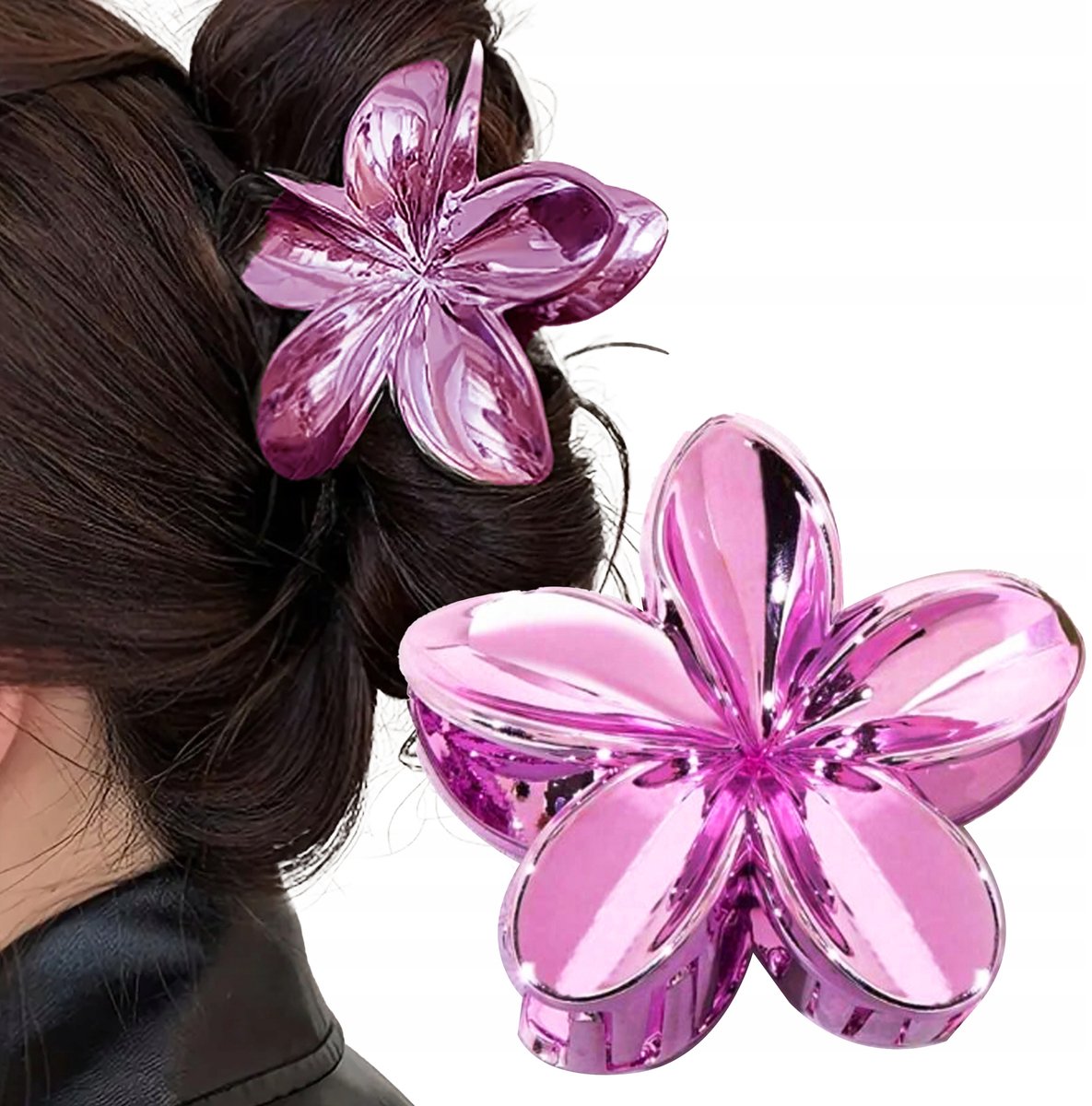 Grote Plumeria Bloemen Haarclip - Felle Roze Glanzend 9 cm