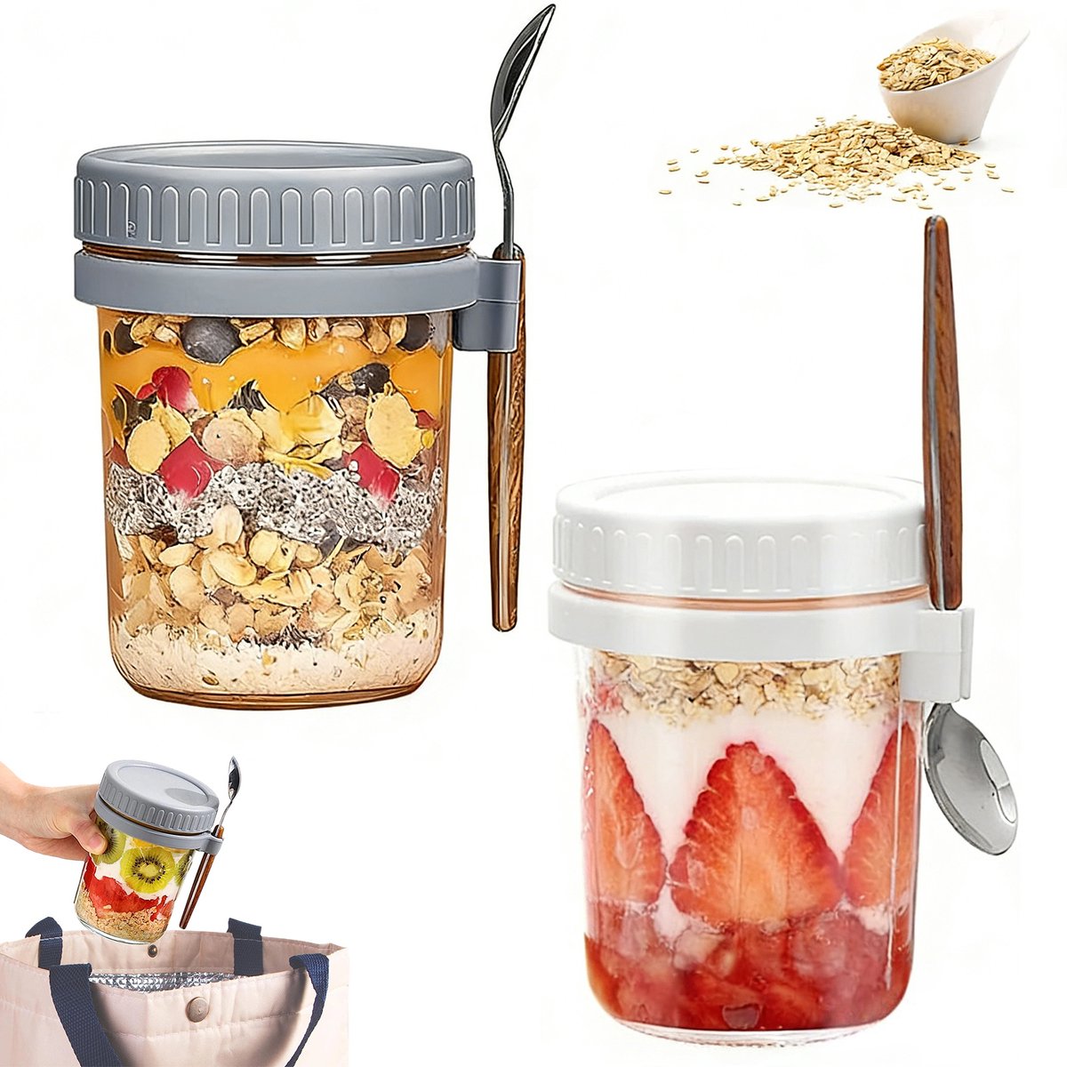 Wishdor Havermout beker to go set van 2 - Glazen pot van 350 ml met deksel en lepel - Lekvrije yoghurt beker voor ontbijt en lunch - Magnetronbestendig - Ø 8,7 x 12,2 cm