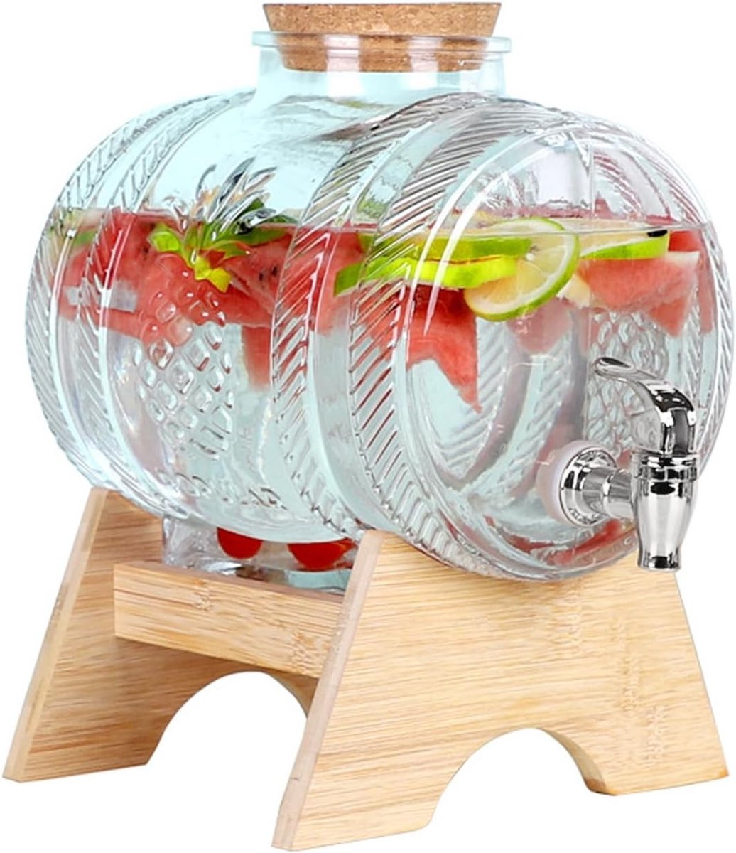 Glazen drankdispenser met houten standaard, 1/3 liter karaf, ideaal voor feesten en evenementen