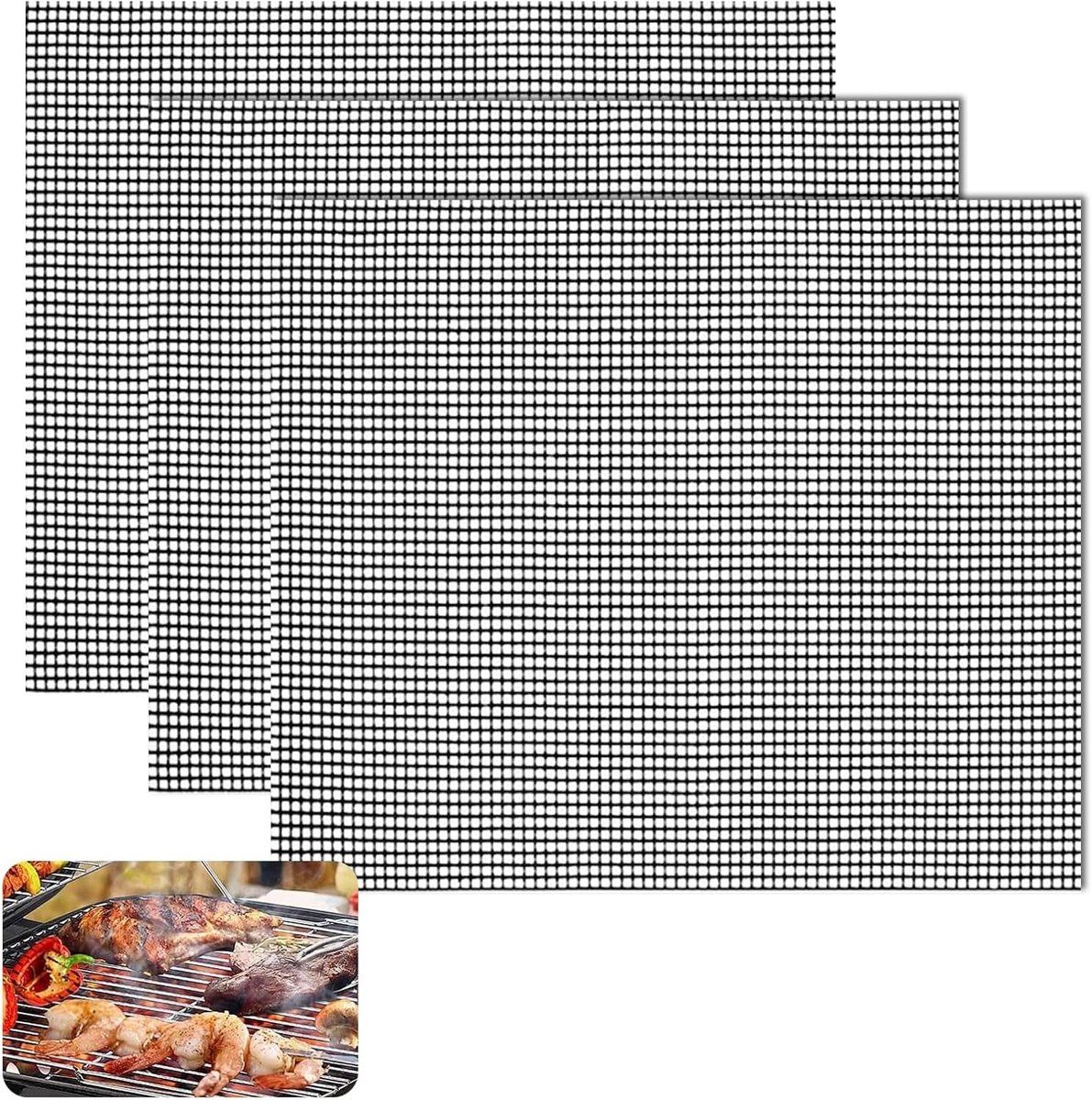 Set van 3 BBQ Grill Matten 40 x 33 cm - Antiaanbak Grilmatten voor Gezond Koken en Makkelijk Schoonmaken