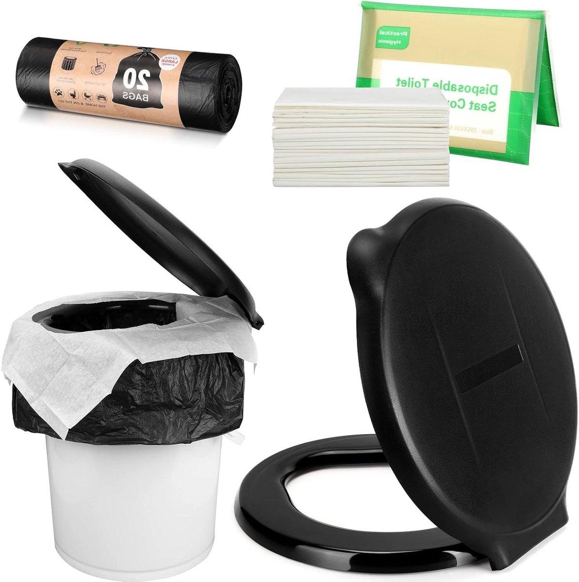 Draagbare Toilet Set - Camping Toilet - Buitenactiviteiten - Voor 5 Gallon Emmer - 20 Zakken 10 Hoezen - Zwart