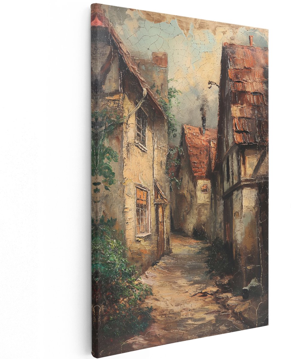 Artaza Canvas Schilderij Oude Straat - 100x150 cm - Groot - Wanddecoratie Vintage Dorp - Muurdecoratie Landschap - Decoratie Woonkamer Brocante