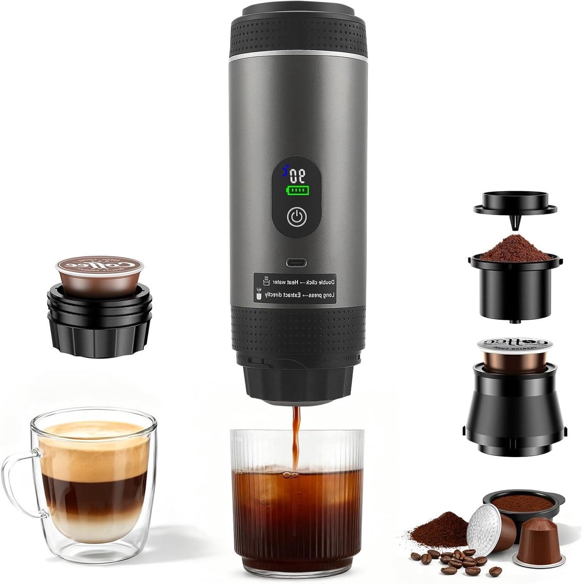 Draagbare Koffiemaker - Mini Espresso - Koffie Maken - 3-in-1 Werking - 7500 mAh Batterij - Grijs
