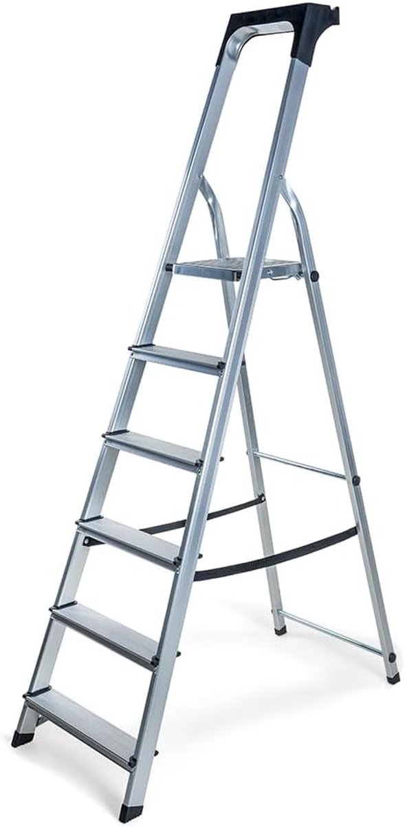 Huishoudtrap - Keukentrap 6 treden - Klus in huis - Extra veiligheidsborging - 126 cm hoogte - Zilver