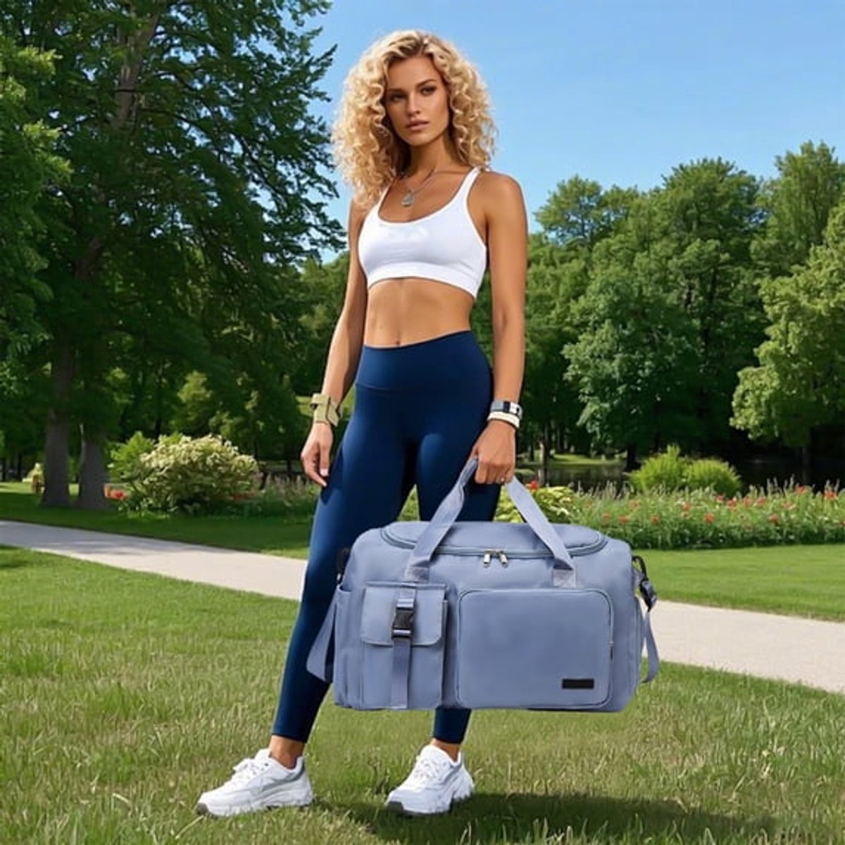 Ulisem - Sporttas Voor Dames - Grote Capaciteit - Lichtgewicht - Met Ventilerend Schuhvak - Waterafstotend - Weekendreistas, Geschikt Voor Fitness, Training, Reizen En Outdoor‑Activiteiten, Polyester Reistas Met Meerdere Opbergvakken - Blauw