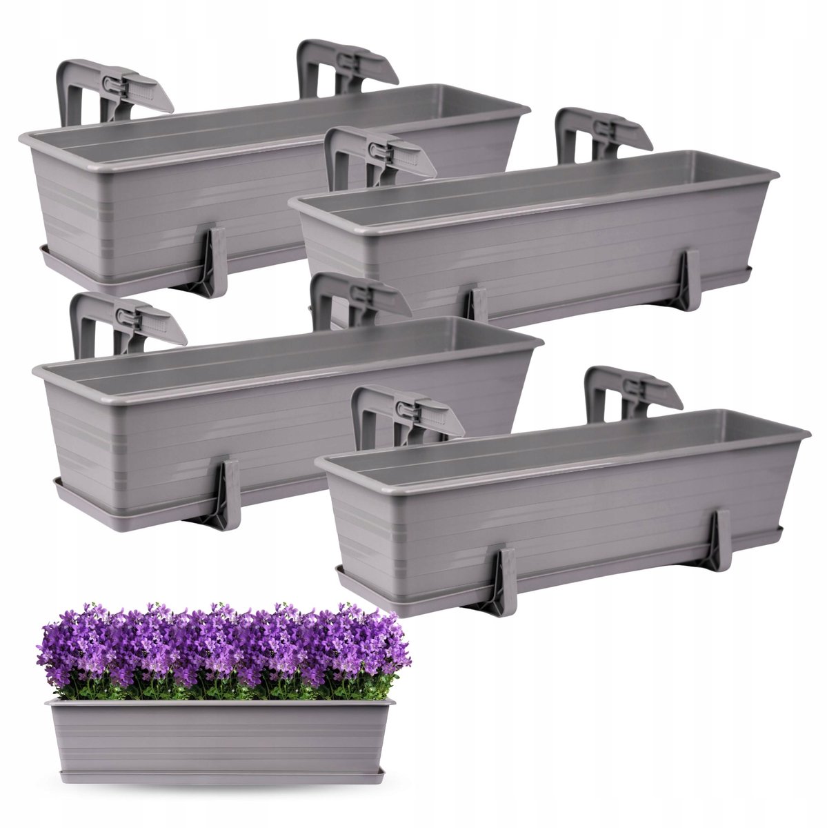 4x Balkonbak Grijs 60cm met Ophanghaken en Onderschotels
