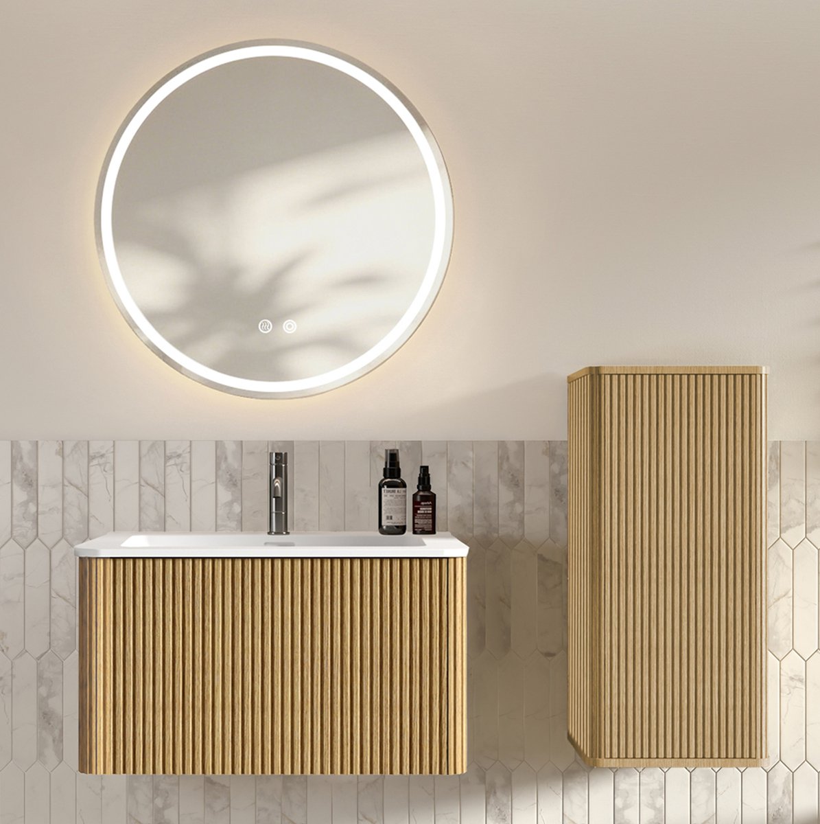 STILVORA Badkamerkast - Wandhangende Badkamermeubelset Met Led Spiegel En Wastafel - Voor Badkamer En Gastentoilet - Eikenkleur - 80 Cm