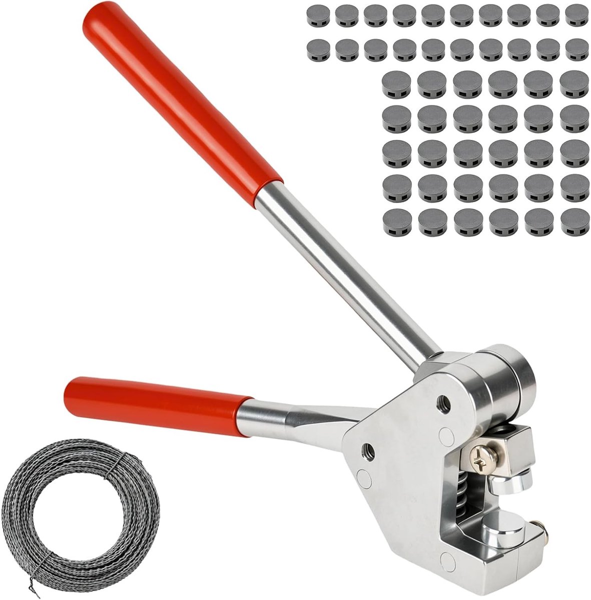 Loodtang met reliëf en 30 ronde afdichtstukken van 10 mm, 20 van 8 mm en 40 meter afdichtingsdraad voor professionele toepassingen