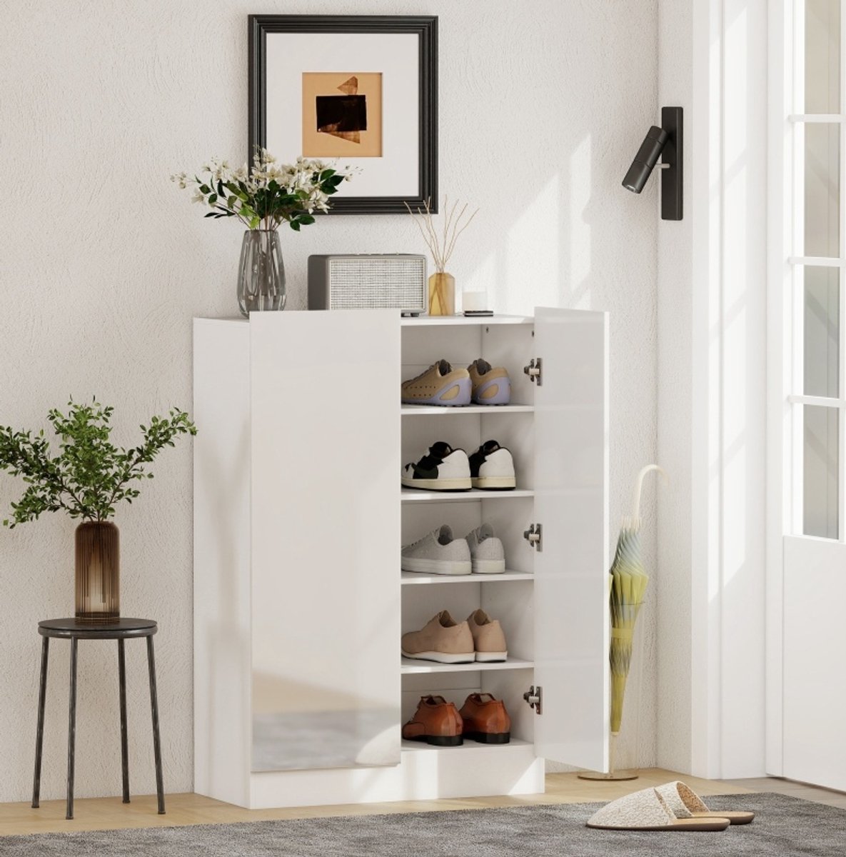 STILVORA Schoenenkast - 5 Niveaus Met Verstelbare Planken En Softclose Deuren - Voor Hal En Gang - Hout - 72x34,5x103 Cm - Wit