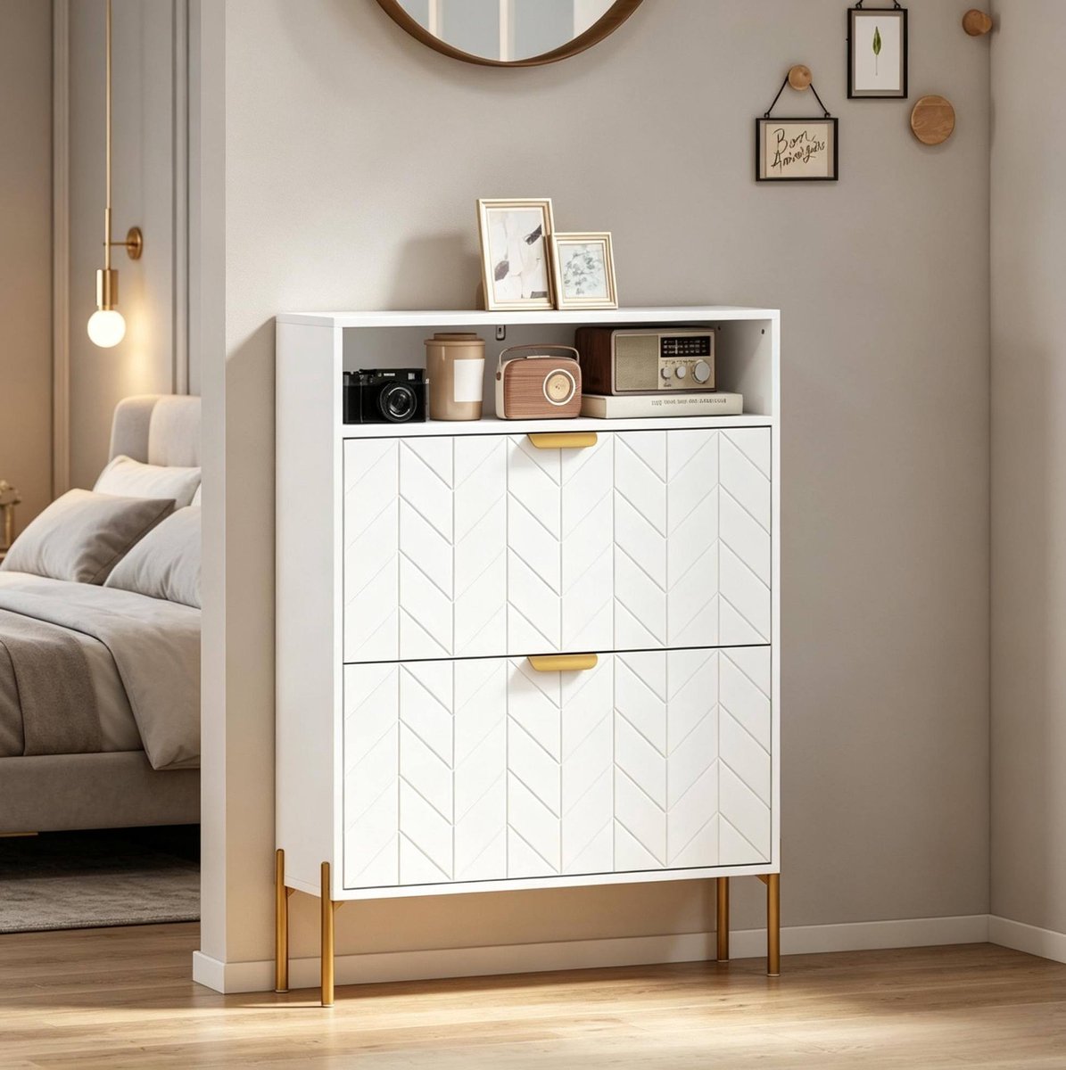 Schoenenkast - Smal Met 2 Kleppen En Open Vak - Voor 12 Tot 16 Paar Schoenen - Wit - MDF En Spaanplaat - 80x23,7x110 Cm