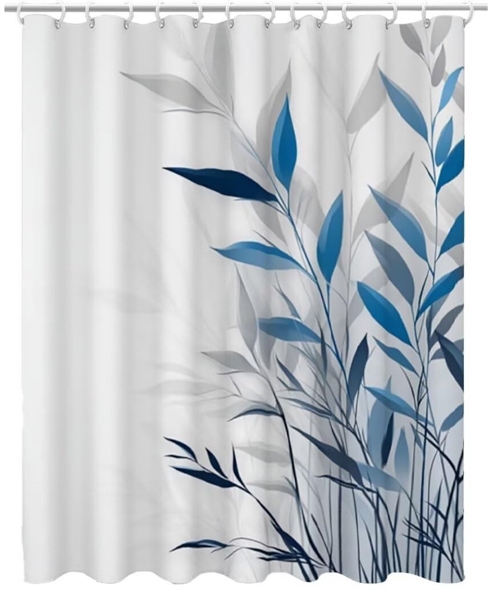 Elzusha - Douchegordijn 100 x 200 cm - Waterdicht grijs met 12 haken en plantpatroon