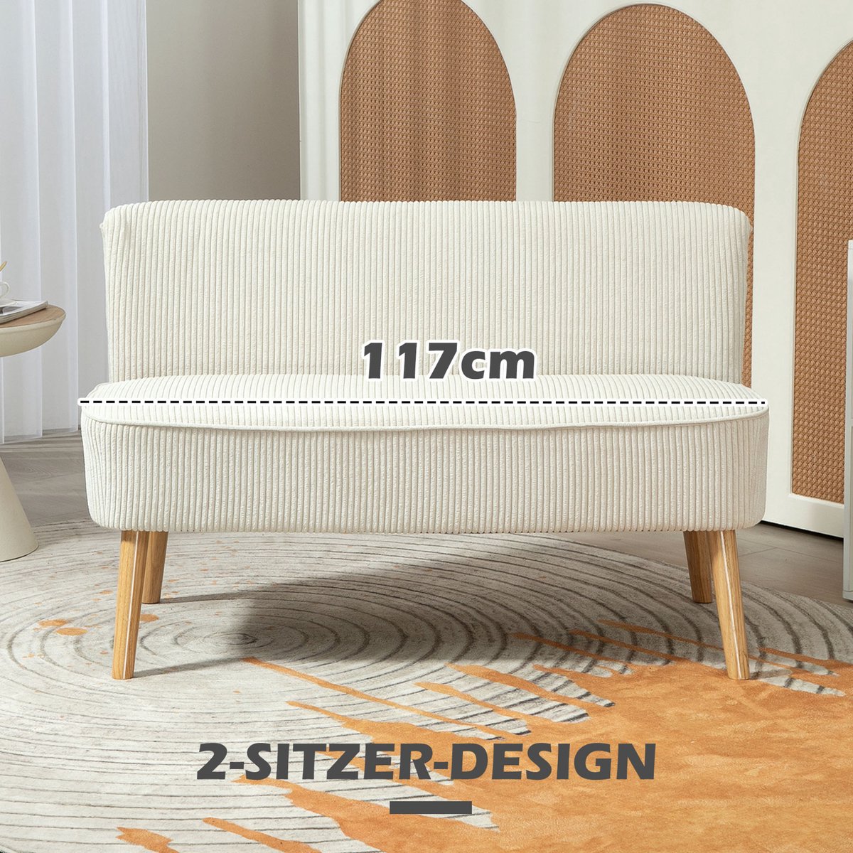 REDOM - Zitbank - 2-zits zonder armleuningen - Houten frame en poten - Comfortabele bekleding - Scandinavische stijl - Woonkamer - Hout - Crèmewit - 117 x 56,5 x 77 cm