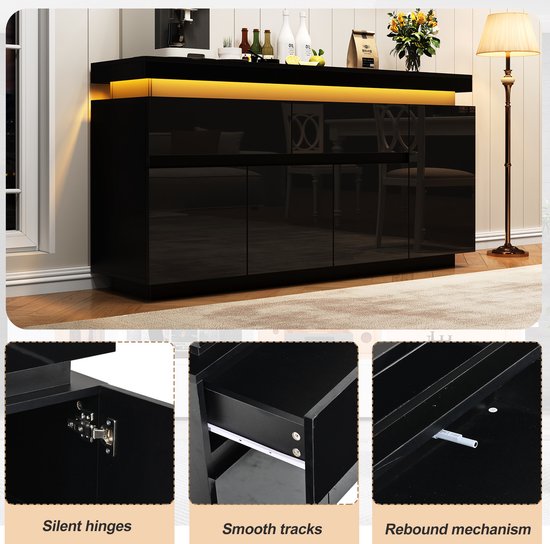 OKWISH Dressoir Zwart Hoogglans 2 Lades 4 Deuren LED Verlichting 140 X 35 X 72,5 Cm Opbergkast Voor Woonkamer En Eetkamer van okwish — afbeelding 2