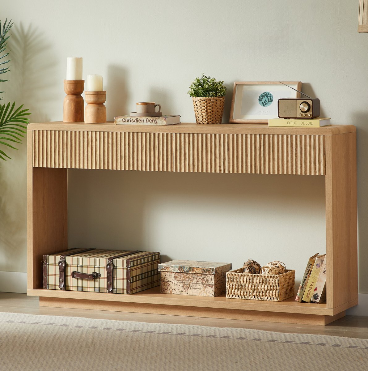 Sidetable Moderne Console Tafel Met 2 Lades En Open Vak Voor Hal En Woonkamer Van Spaanplaat En MDF 150x35x85 Cm Naturel
