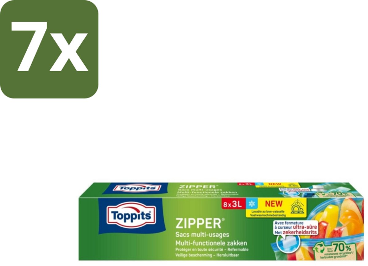 Toppits – Zipper Multifunctionele Zakken – 3 Liter – 8 Zakjes - Bulkverpakking - 7 stuks