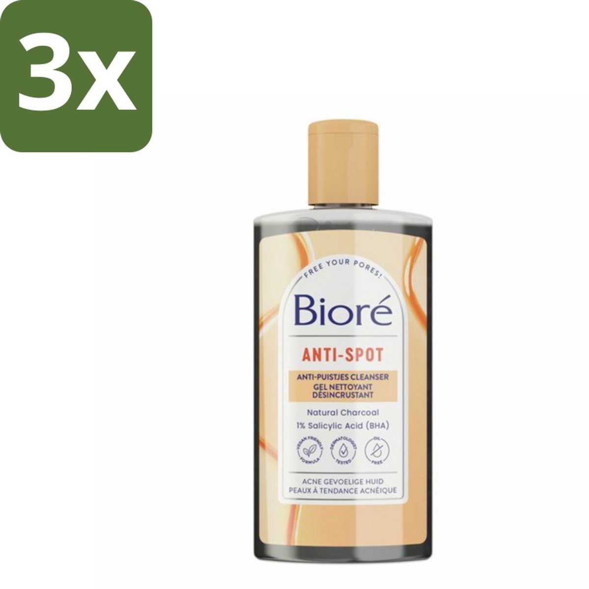 Bioré – Houtskool Anti-Puistjes Reinigingsgel – Gezichtsreiniger – 200 ml - Bulkverpakking - 3 stuks
