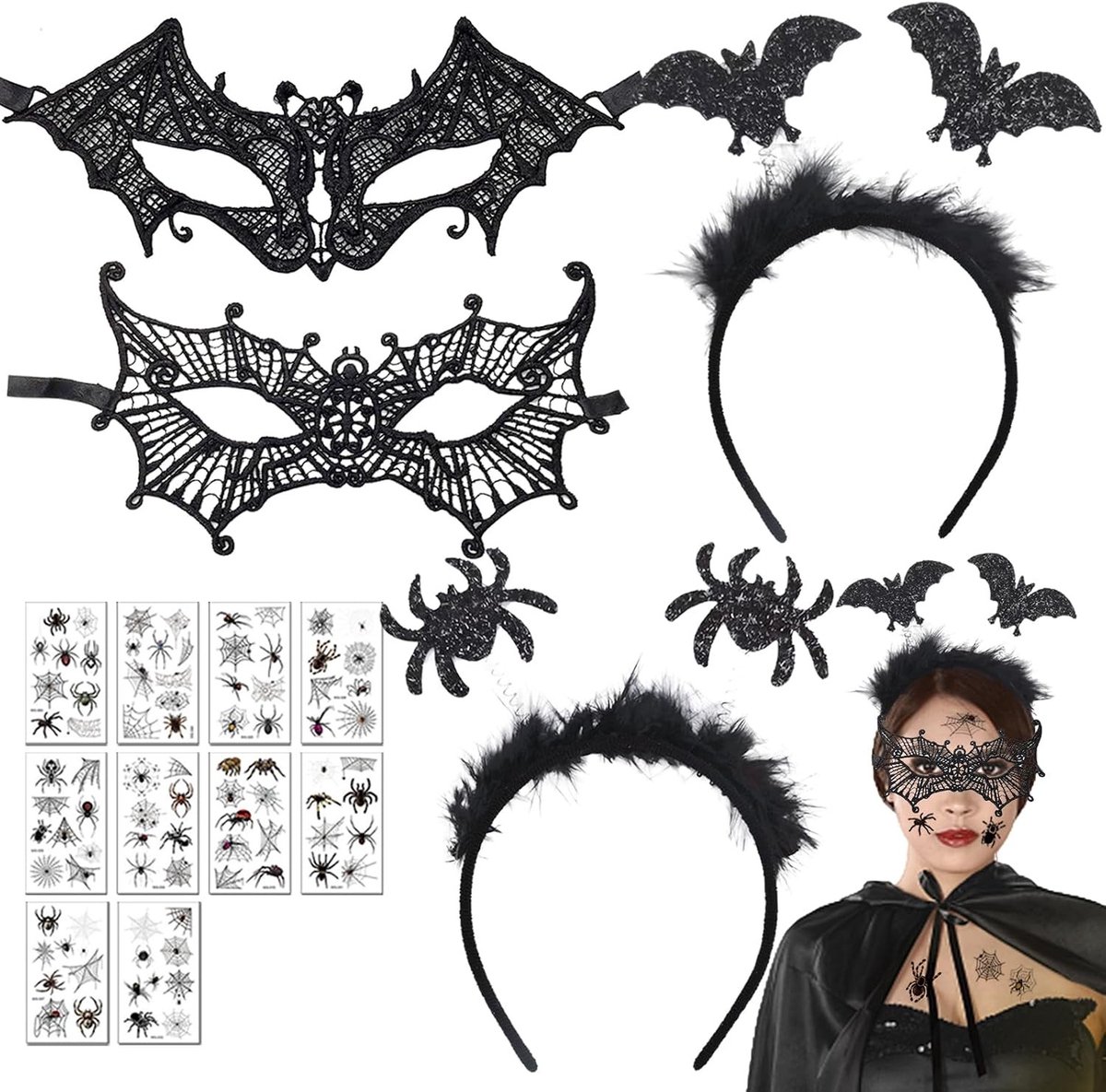 Halloween Kostuum voor Vrouwen met Gothic Accessoires, Vampier, Spin, Vleermuis Haarbanden en Sexy Kanten Masker voor Carnaval en Feestjes