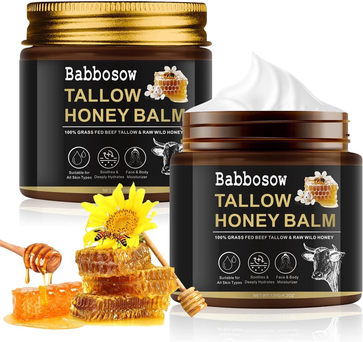 2 Stuks Gevoerde Rundvet Crème 120g, Natuurlijke Honing Balsem, Diepe Hydratatie en Verzorging voor Gezicht en Lichaam, Ongeparfumeerd en Geschikt voor Alle Huidtypes