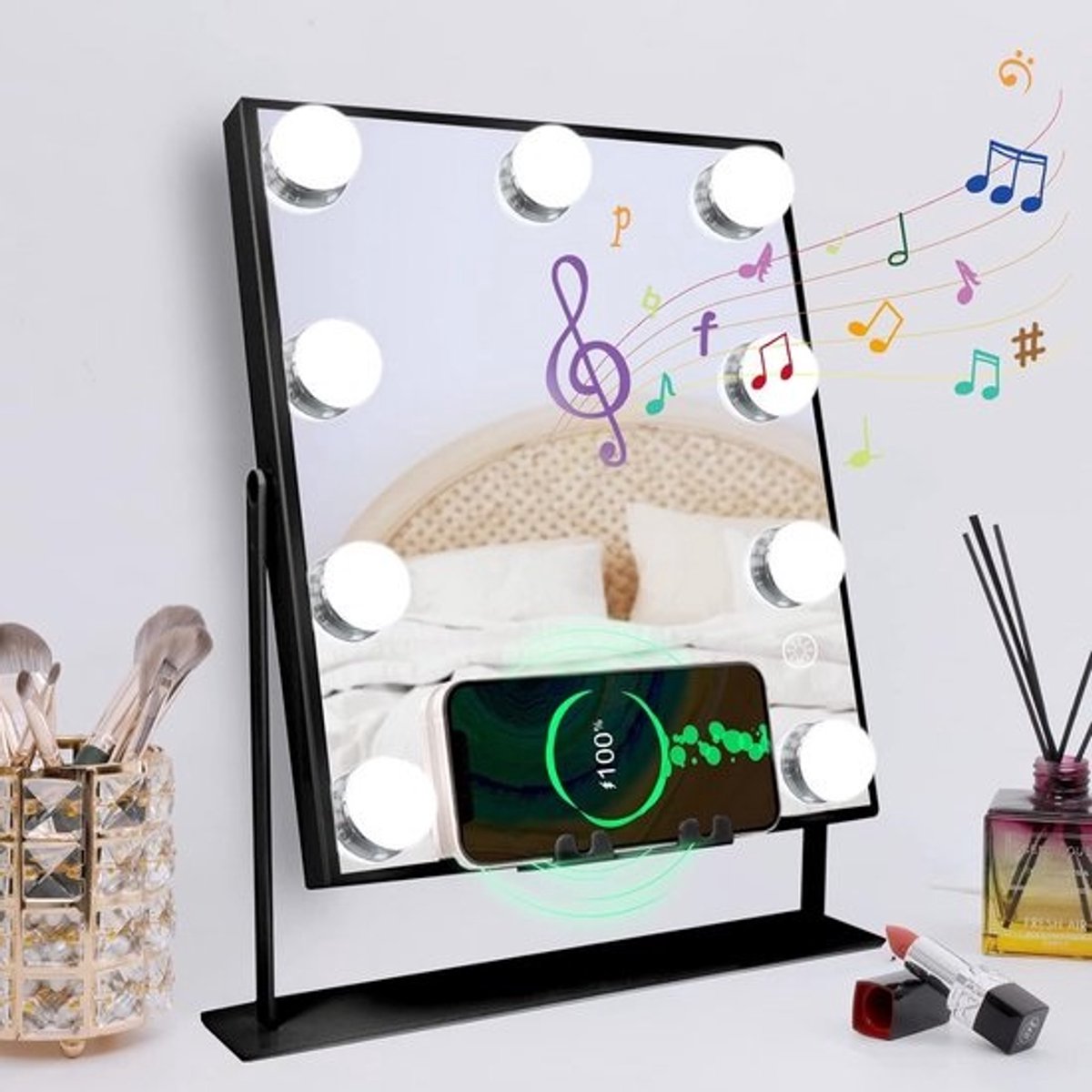Verlichte make-upspiegel met Bluetooth en draadloos opladen - Hollywood ontwerp met aanraakbediening en 3 kleuren lichtmodi