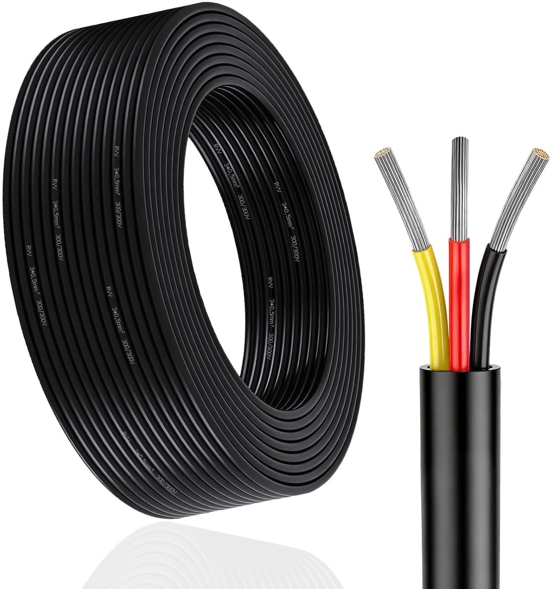 Ronde 3-draads kabel 3 x 0.5 mm², 5 m, rood/zwart, voor 12V/24V toepassingen, tinned copper draad voor aanhangwagenverlichting, auto-elektriciteit en bootuitrusting