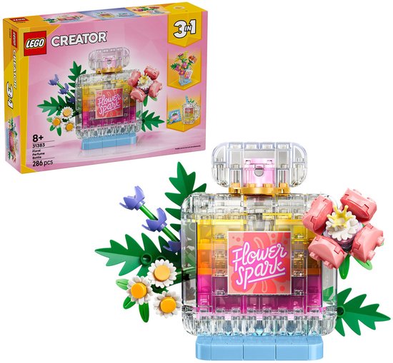 Bouteille de parfum LEGO Creator 3-en-1 avec étiquette "Flower Spark", fleurs roses et jaunes, et feuilles vertes.