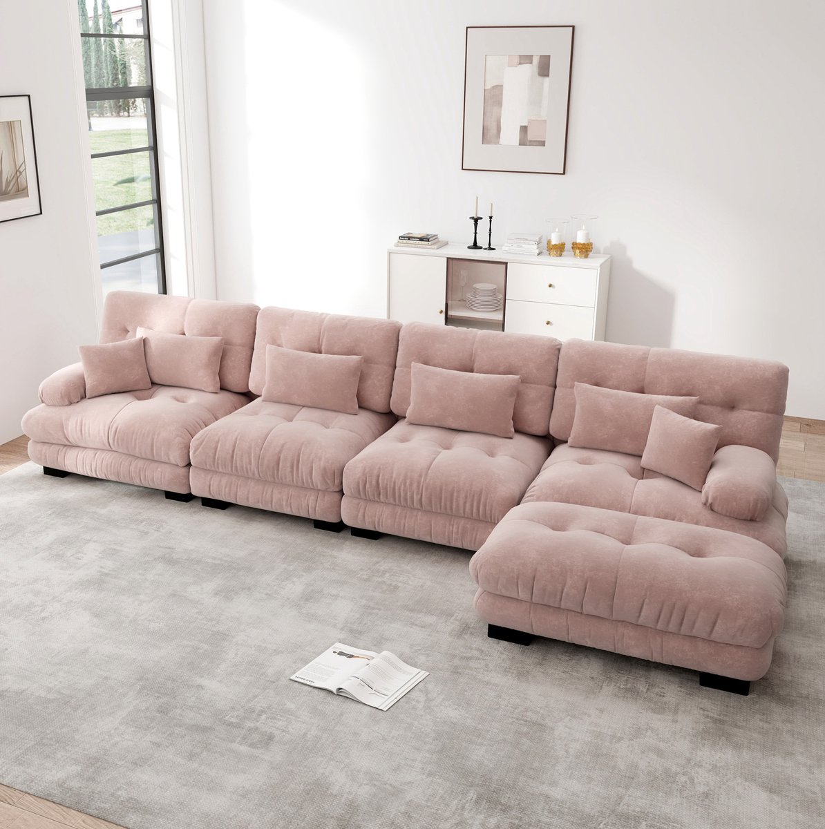 MODENUIT Hoekbank 406 cm - Modulaire L-vorm - Met Verplaatsbare Ottoman - Voor Woonkamer En Bureau - Chenille - Roze
