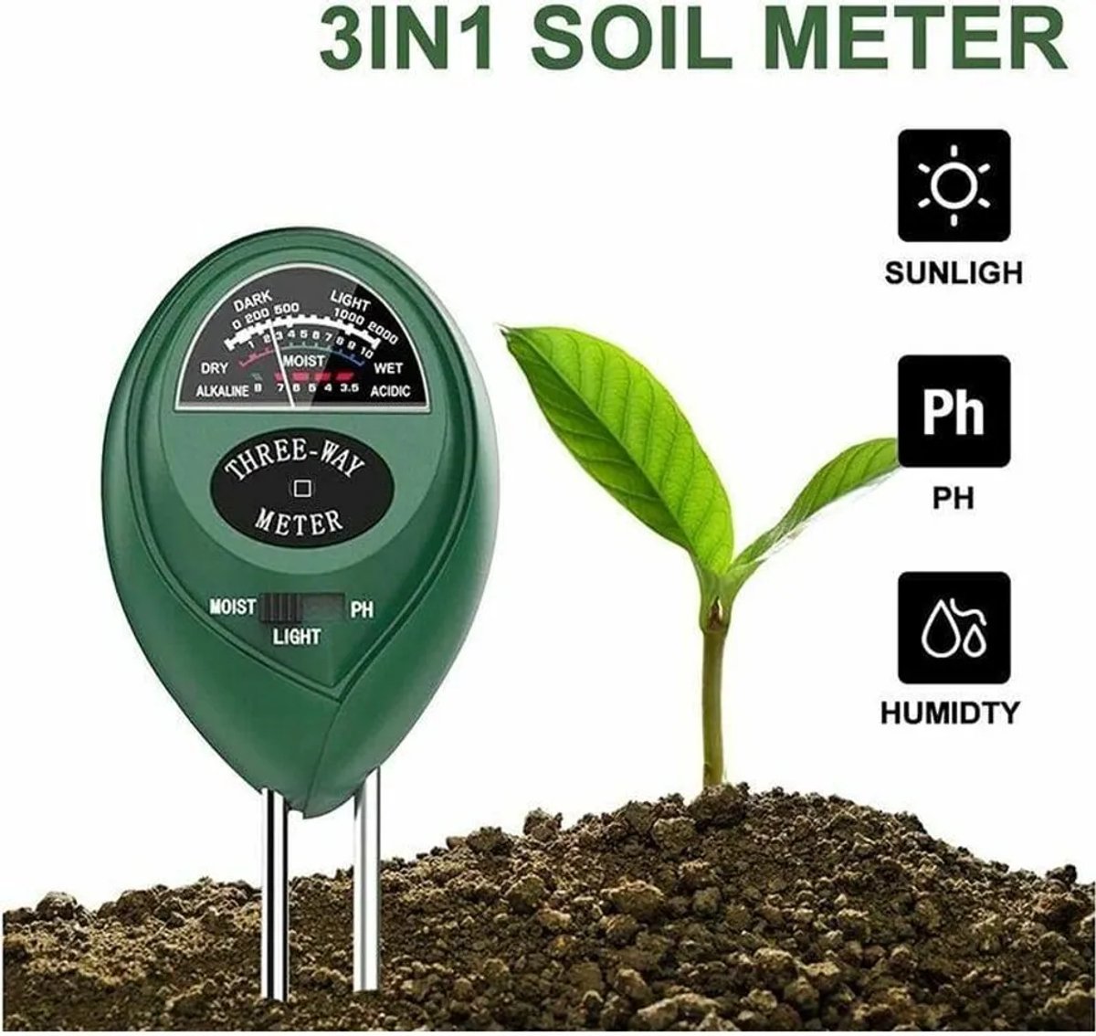 Deze 3-in-1 bodemtester combineert metingen van pH-waarde, vochtigheid en lichtintensiteit. Geschikt voor tuinen en landbouw, werkt zonder batterijen.