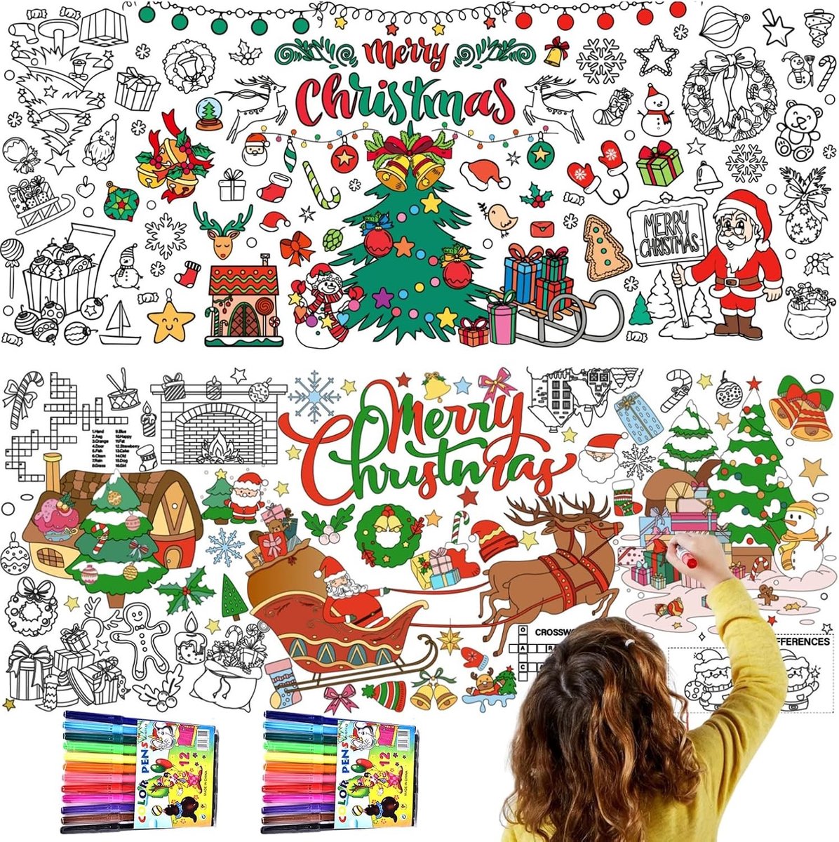 Kersttafelkleed 182 x 78 cm voor Kinderen, Kleurplaat Tafelkleed, Papieren Tafelkleden voor Creatieve Activiteiten, Feestelijke Decoratie voor de Kerst