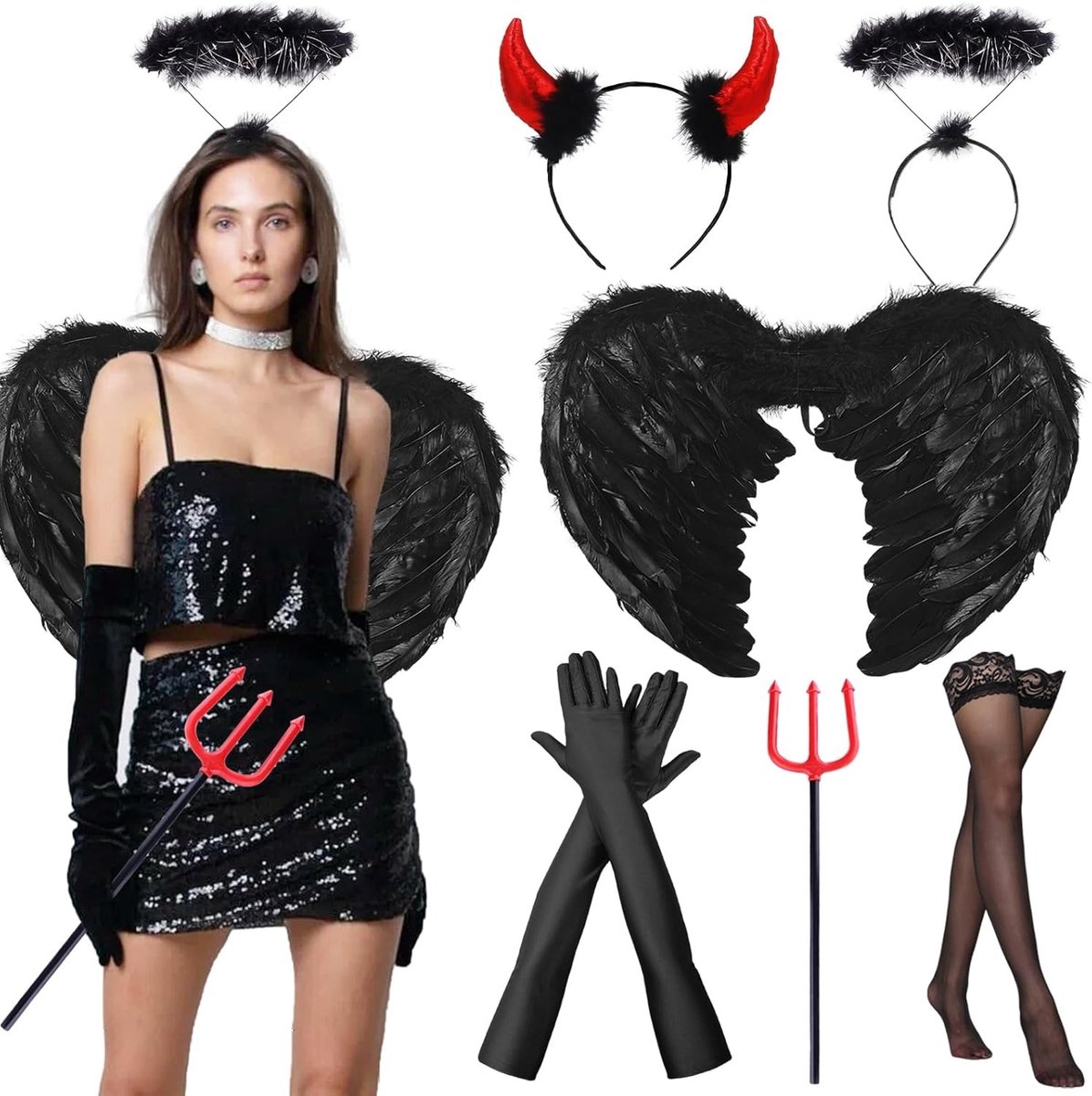 Zwarte Engel Kostuum voor Vrouwen met 60 cm Zwarte Vleugels - Halloween Outfit voor Feestjes en Carnaval, Cosplay voor Volwassenen en Kinderen