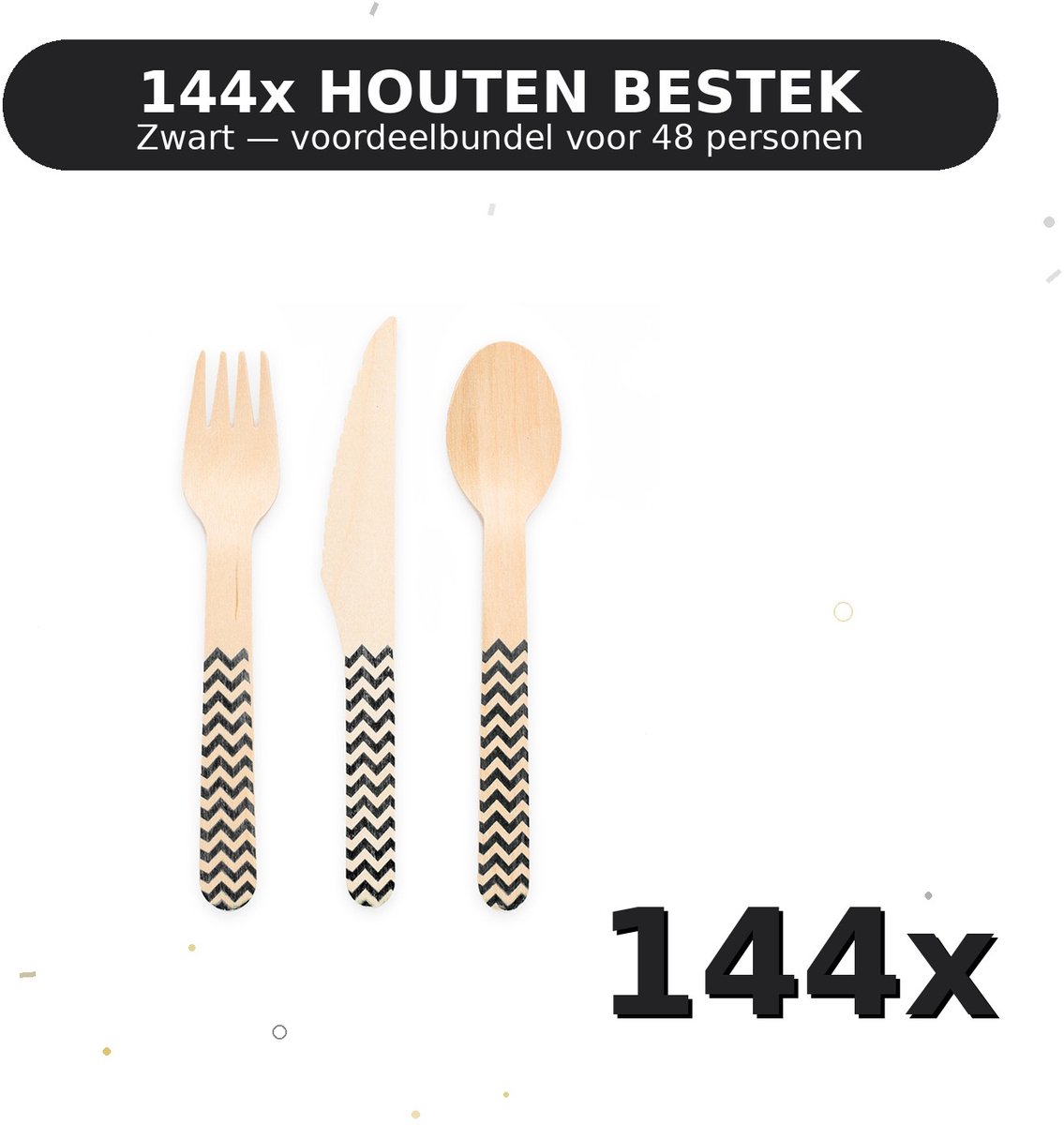 Houten bestek FSC Zwart - Voordeelverpakking 144 Stuks voor tot 48 Personen - Feestartikelen