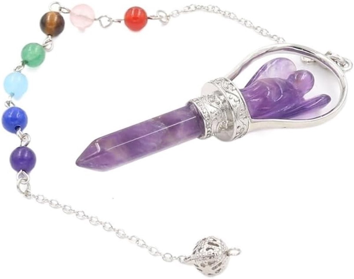 Amethist Chakra Wichelroedelopen Slinger - Paars - 68 x 25 mm - Natuurlijke Amethist met Engel - Voor Spirituele Beoefenaars
