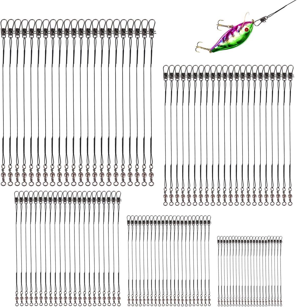 Snoek leiders 110 stuks - 5 maten 10/15/20/25/30 cm - stalen met wervels en karabijnhaak - ideaal voor vistechnieken - ShopVlot