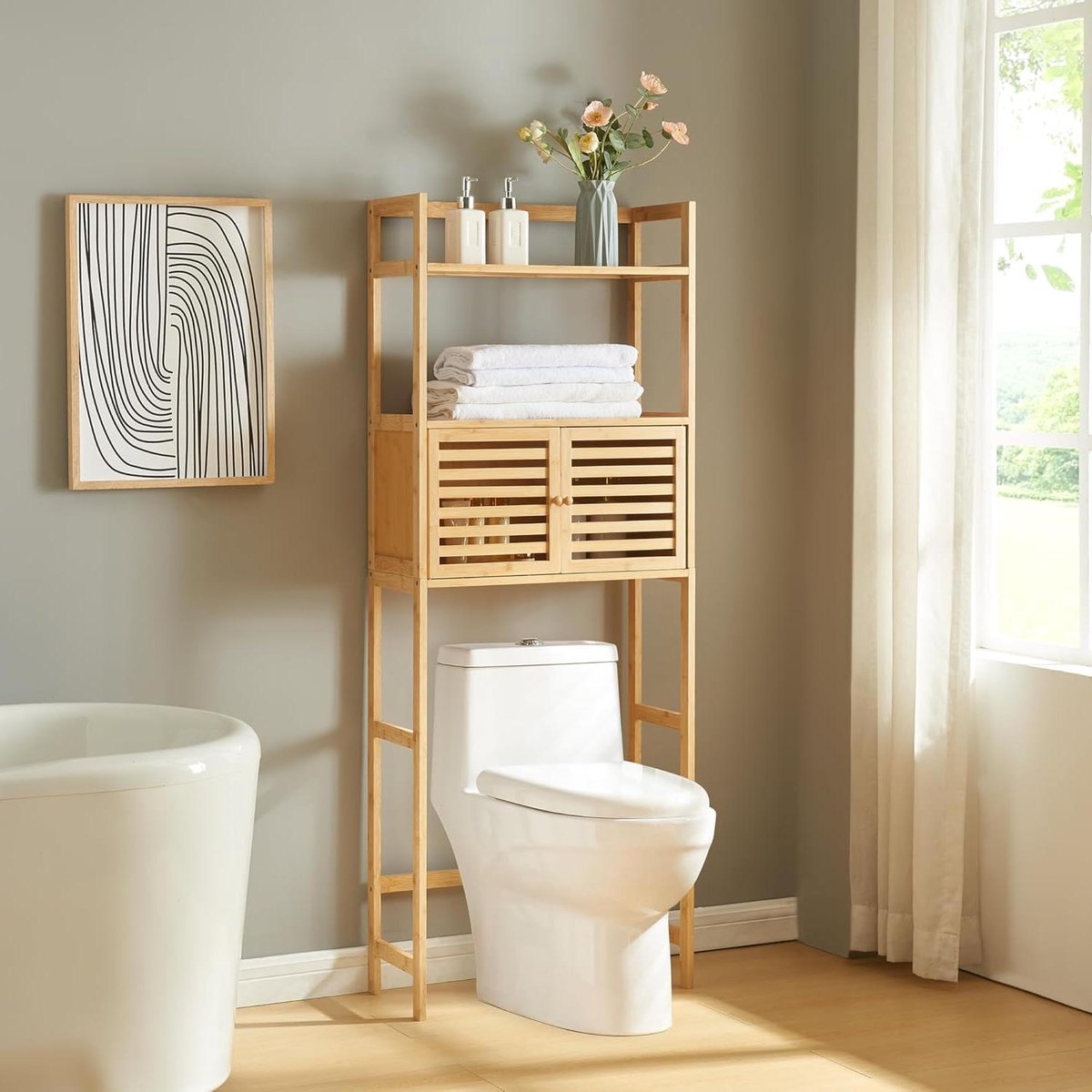 Ombouwkast Toilet - Badkamerkast - Badkamer Organisatie - Natuurlijk Bamboe - 158x60x26 cm - Naturel