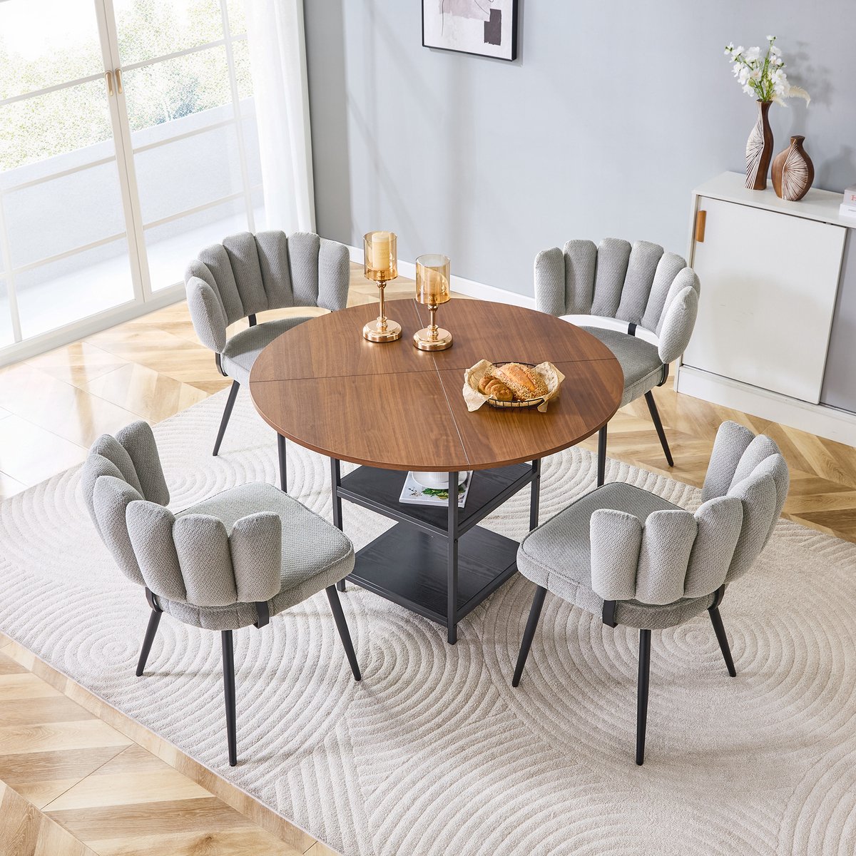 Wishdor Ronde eettafelset 107 cm - 4 grijze stoffen stoelen - Dubbele opberglagen - Modern design - Walnootlook - Zwart metalen frame - Voor kleine woningen